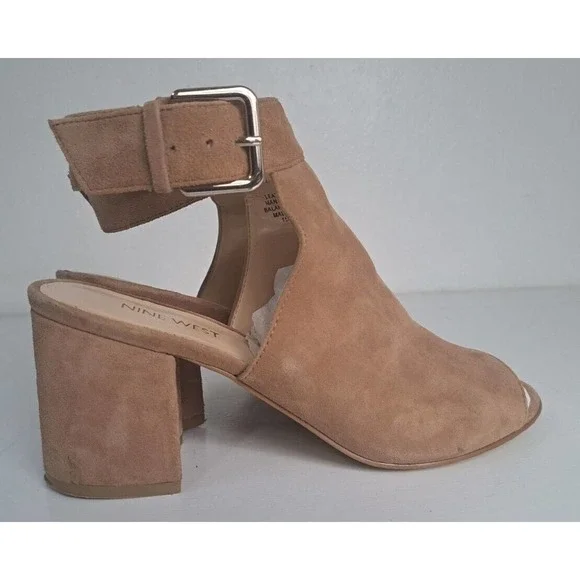 Nine West Tan Suede Leather Chunky Heels Size 7M Jazzyo Open Toe Ankle Buckle - Picture 3 of 8
